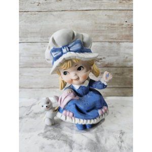 Vintage UCCC Taiwan 5" Porcelain Girl in Blue Bonnet With Puppy Figurine